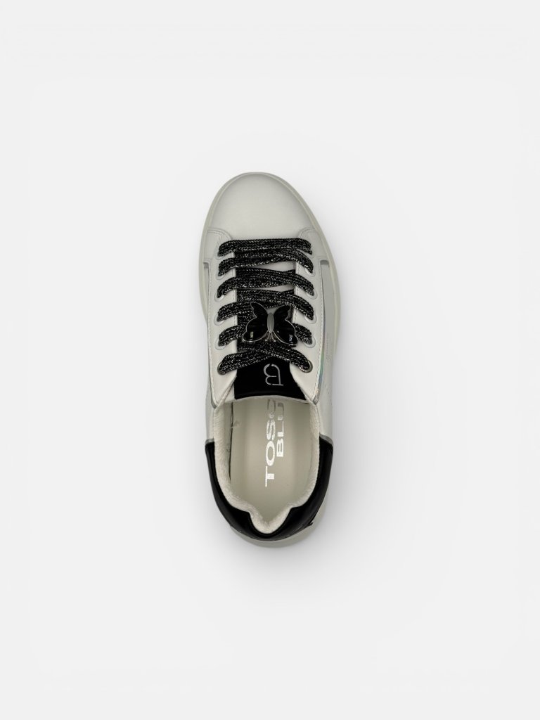 Pantofi Sport (Adidași) Tosca Blu din Piele – Albi cu Detalii Negre și Accesoriu Fluture