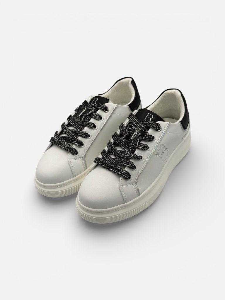 Pantofi Sport (Adidași) Tosca Blu din Piele – Albi cu Detalii Negre și Accesoriu Fluture