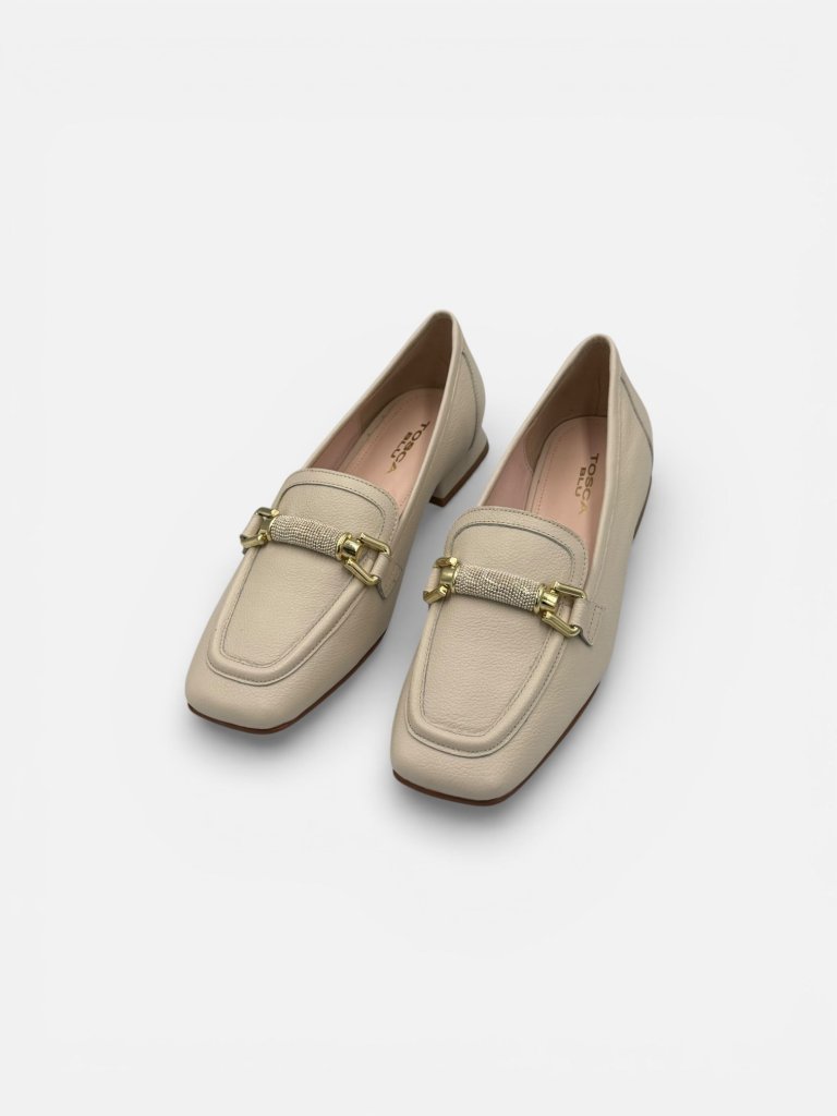 Pantofi din Piele Naturală Damă - Loafers Tosca Blu S133 Bej cu Detaliu Cristale