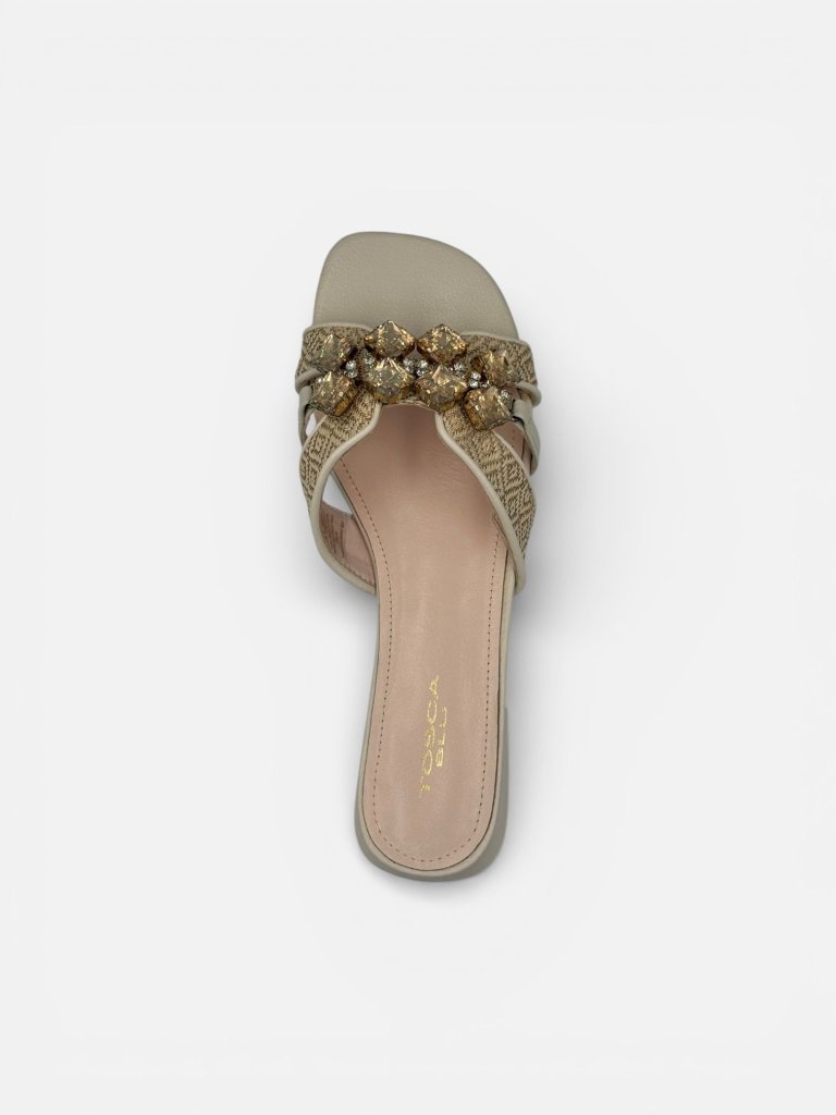 Papuci din Piele Naturală Damă - Tosca Blu S294-1 Bej cu Cristale