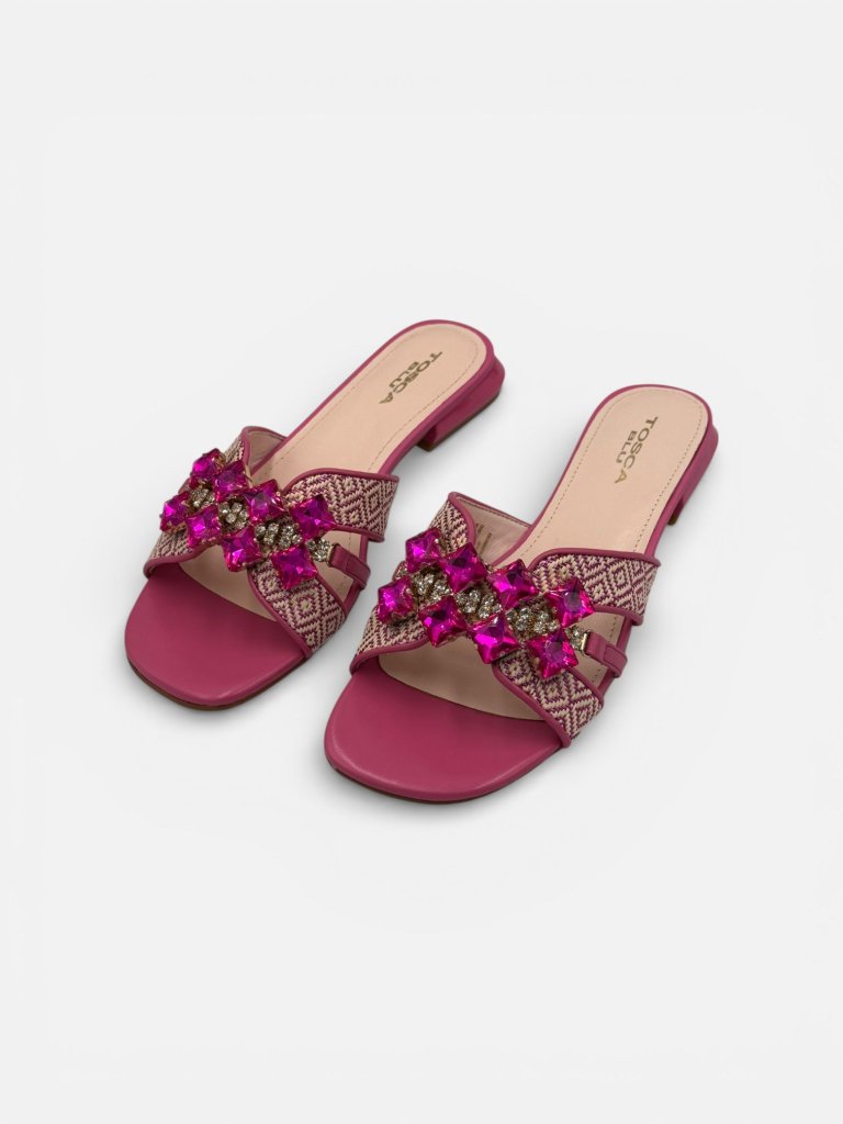 Papuci din Piele Naturală Damă - Tosca Blu S294-1 Fucsia cu Cristale Roz