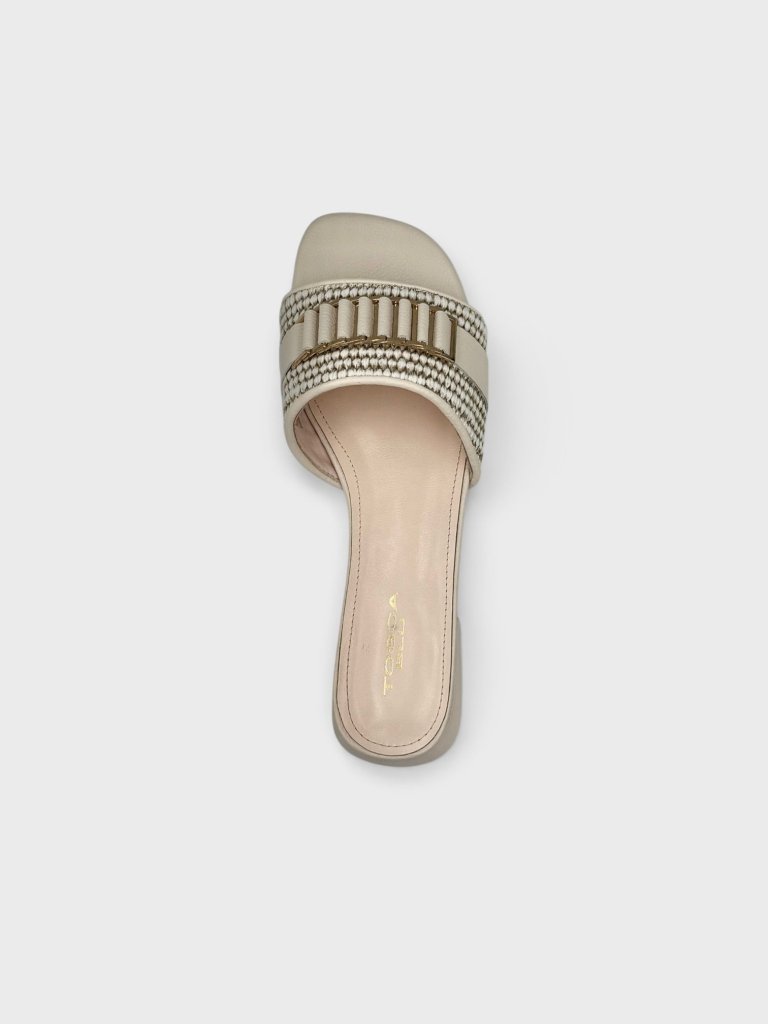 Papuci din Piele Naturală Damă - Tosca Blu S295-1 Bej cu Detaliu Împletit și Lanț