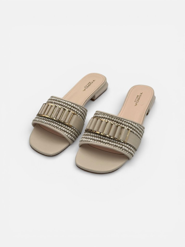 Papuci din Piele Naturală Damă - Tosca Blu S295-1 Bej cu Detaliu Împletit și Lanț