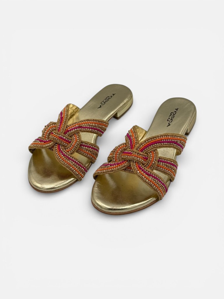 Papuci din Piele Naturală Damă - Tosca Blu S362 Aurii cu Detalii Mărgele