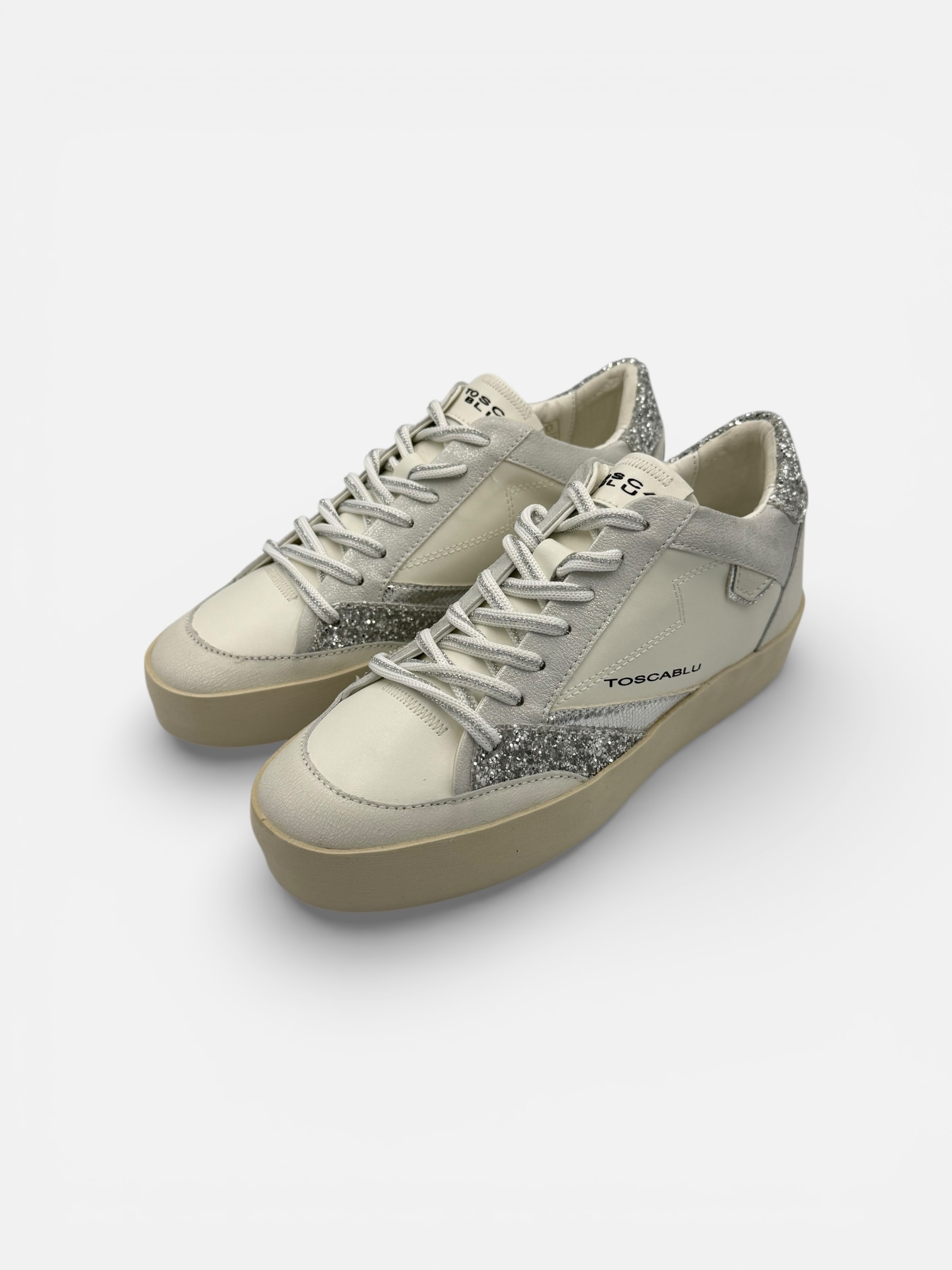 Pantofi Sport (Adidași) Tosca Blu din Piele – Gri Deschis cu Detalii Glitter Argintiu