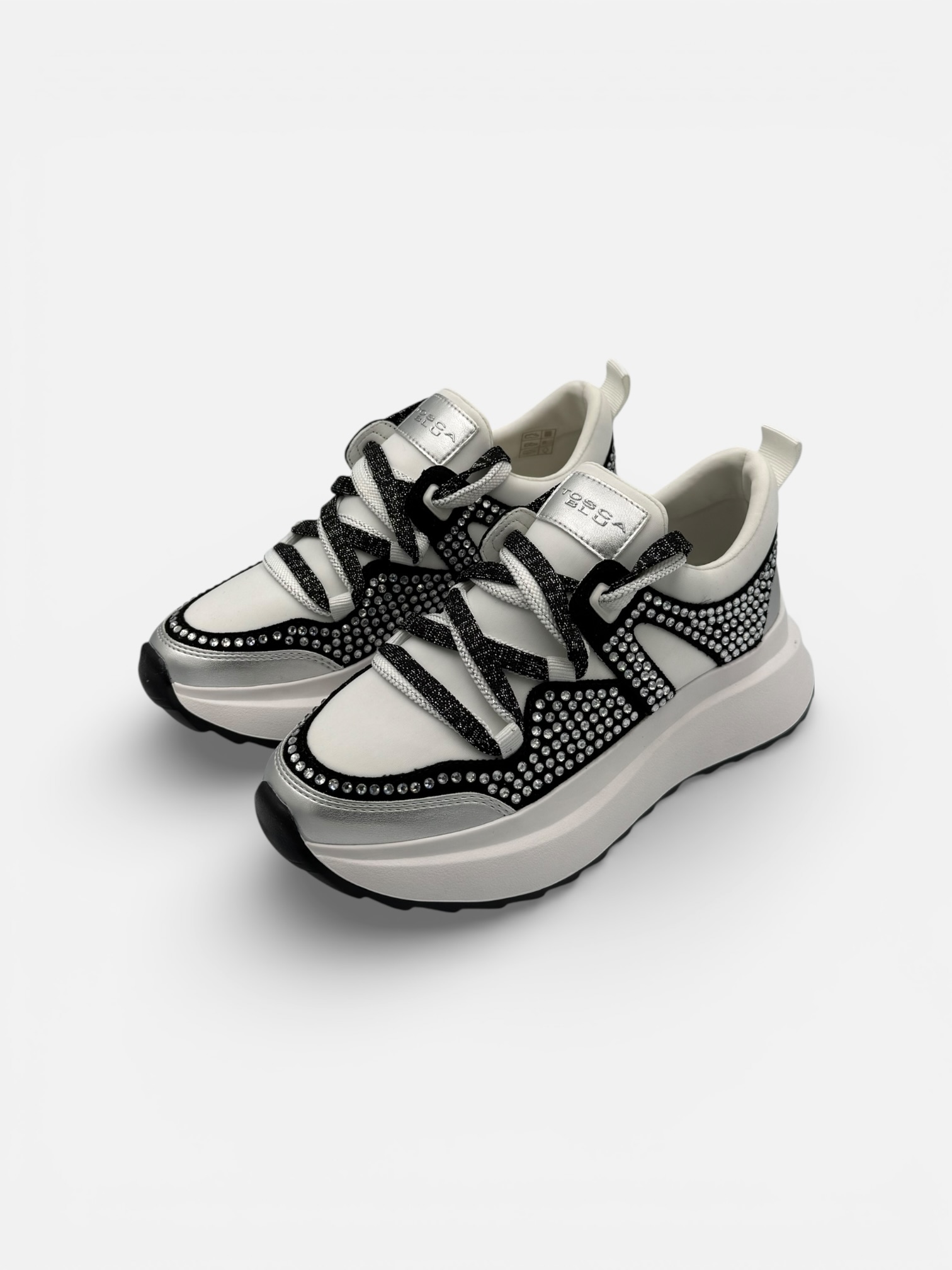 Pantofi Sport (Adidași) Tosca Blu din Piele – Albi cu Detalii Gri și Glitter Argintiu