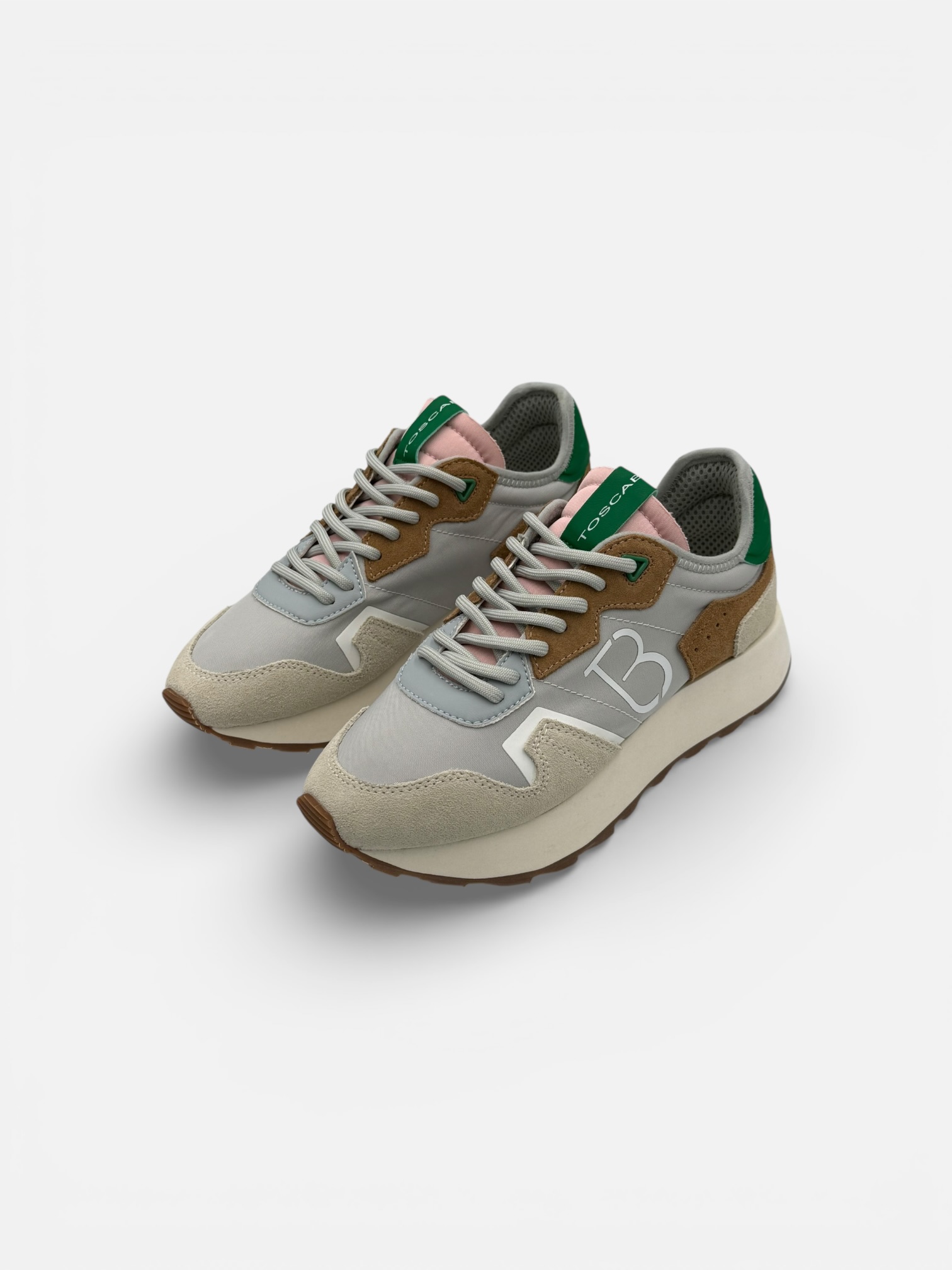 Pantofi Sport (Adidași) Tosca Blu din Piele – Model Retro Gri cu Detalii Verde Emerald și Maro