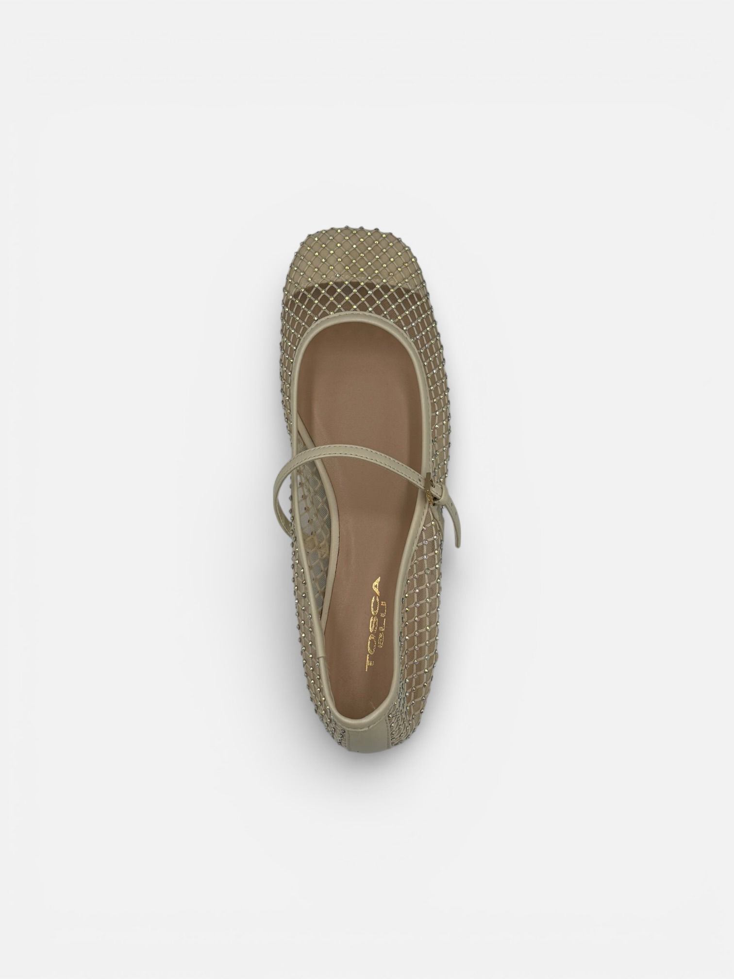 Balerini Tosca Blu din Plasă Bej cu Baretă și Cristale Strălucitoare