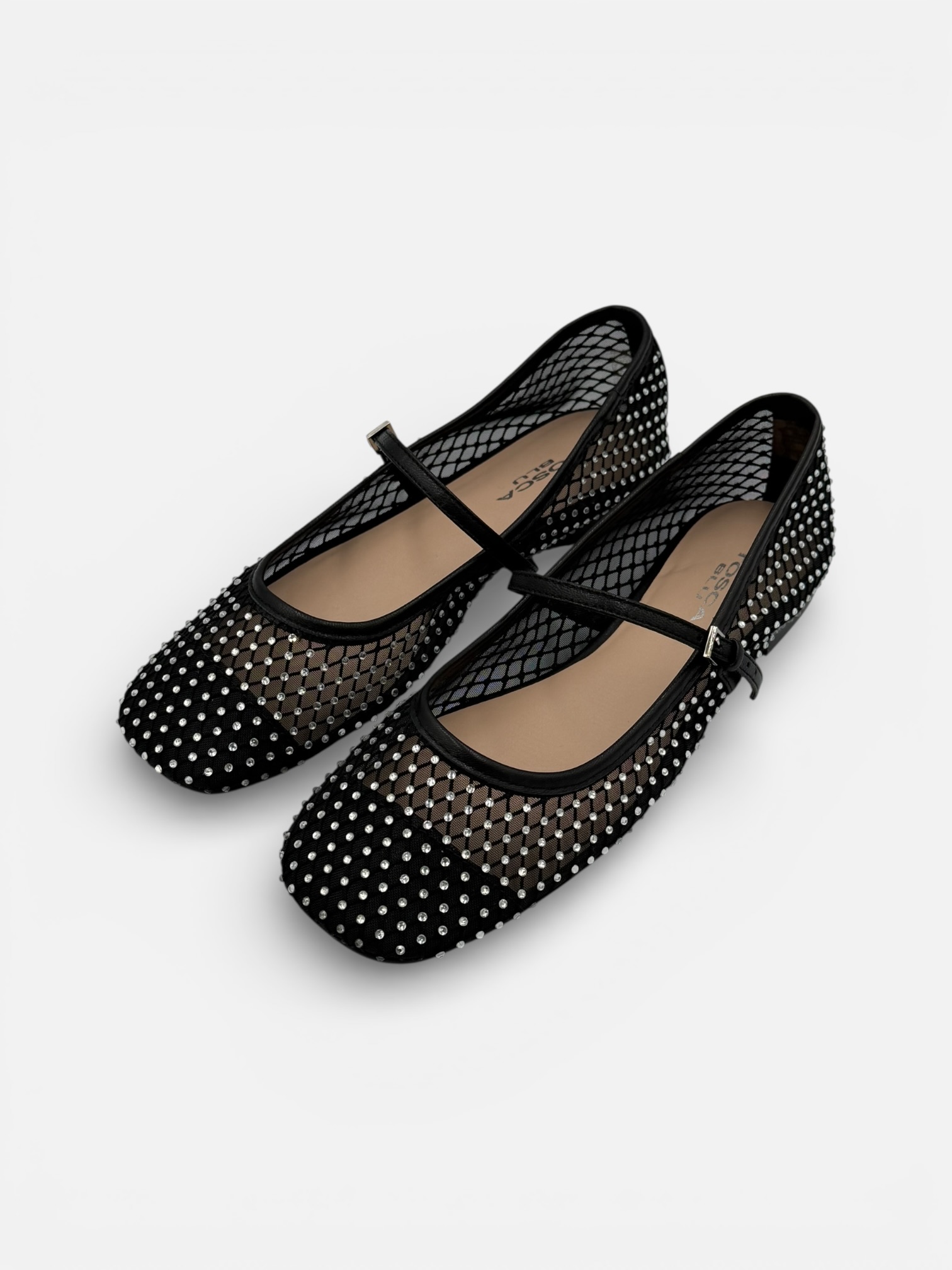 Balerini Tosca Blu din Plasă Neagră cu Baretă și Cristale Strălucitoare