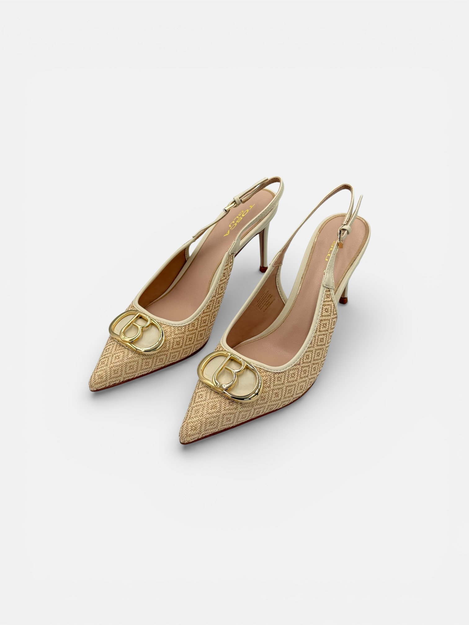 Pantofi Slingback Stiletto Tosca Blu din Rafie Ivory cu Detaliu Logo Auriu