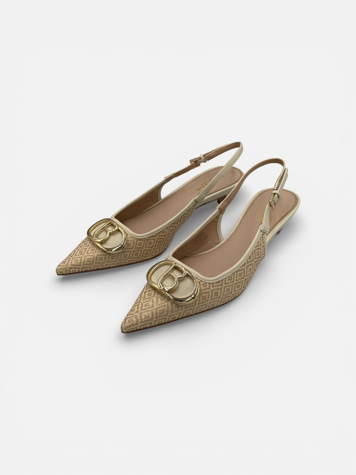 Pantofi Slingback Tosca Blu din Rafie Ivory cu Toc Mic (Kitten Heel)