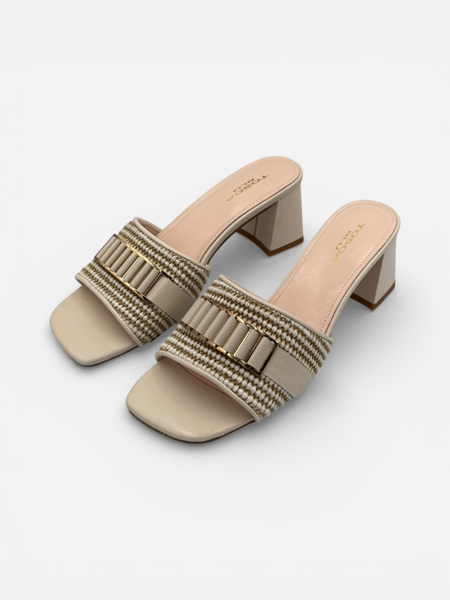 Saboți Tosca Blu din Piele Bej cu Detalii Împletite și Cataramă Metalică