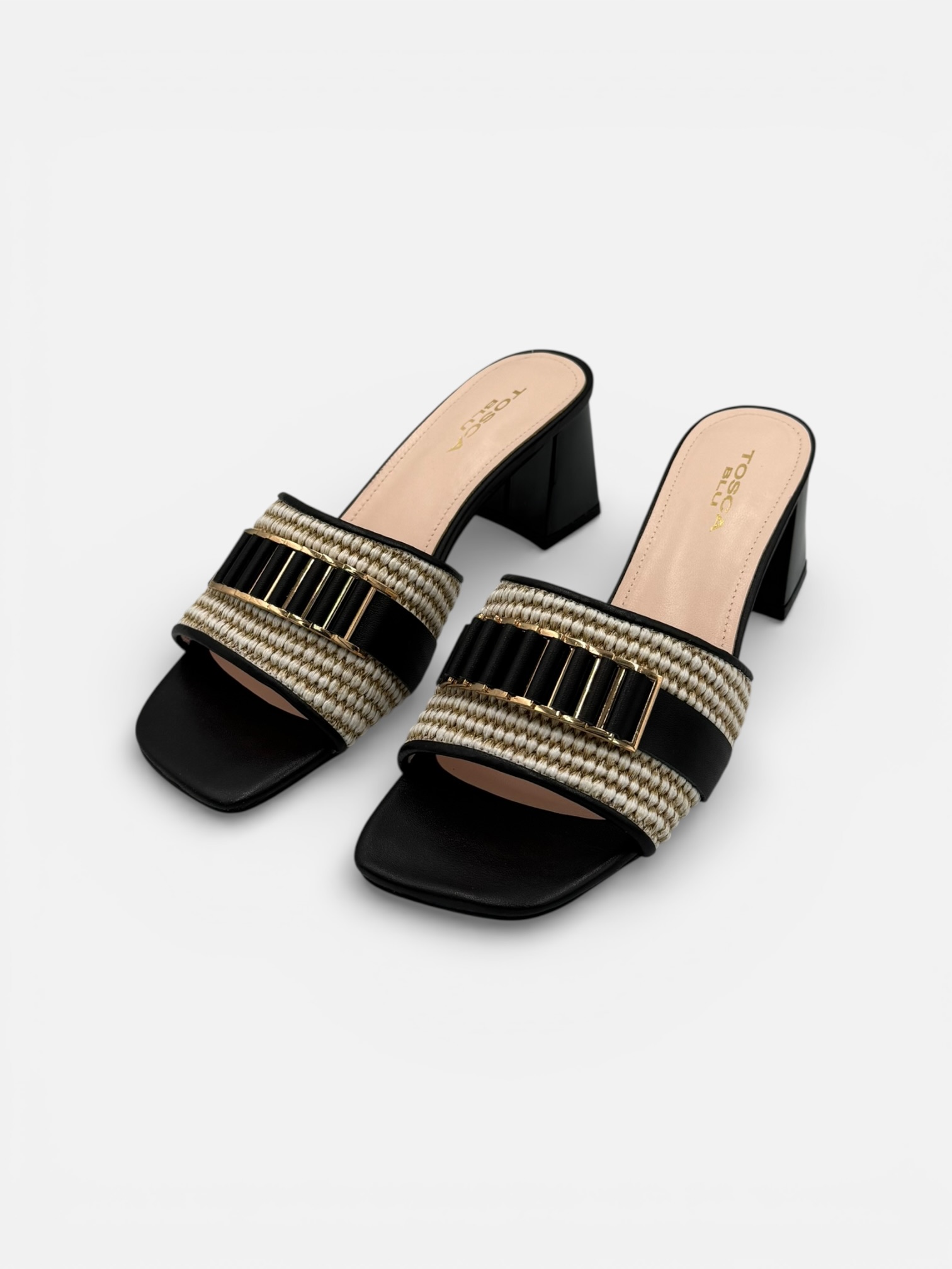 Saboți Tosca Blu din Piele Neagră cu Baretă Texturată și Cataramă Metalică