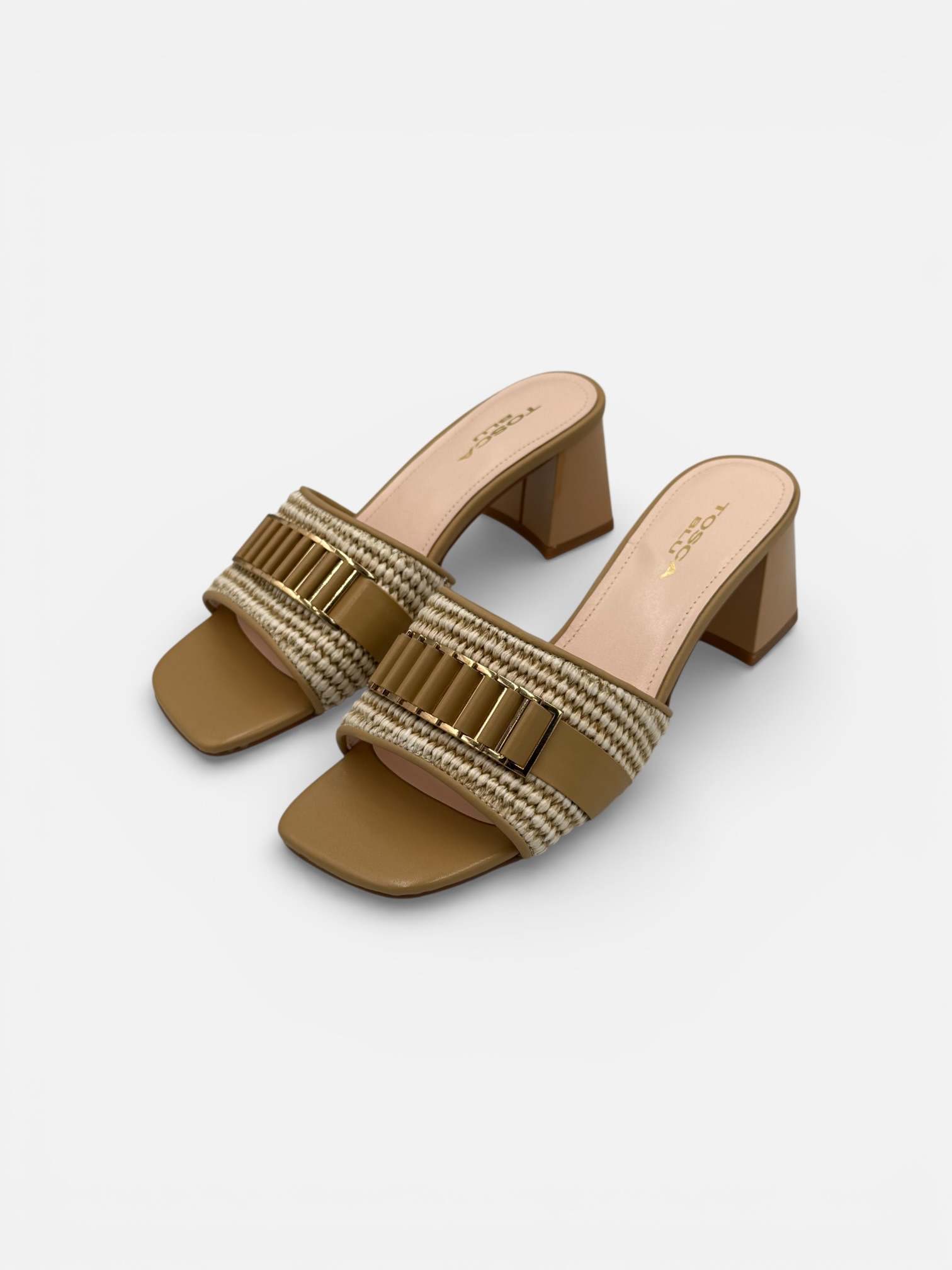 Saboți Tosca Blu din Piele Nude cu Baretă Texturată și Cataramă Metalică